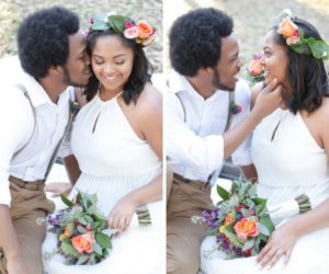 Summer Floral Bohemian Wedding Outdoor Bride and Groom Portrait with Peach Rose, Purple and Yellow Floral, Succulent and Greenery Wedding Bouquets, and Bright Purple and Blush Floral Hair Accessories, Groom with Suspenders and White Cotton Shirt, with Succulent, Pink and Yellow Floral Twine Wrapped Boutonniere | St Pete Boho Wedding Inspiration