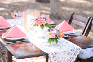 Outdoor Park Wedding Reception Table Decor with Lace Runner, Low Blush, Peach, Thistle and Succulent with Greenery Centerpiece, Framed Table Number, Vintage Wood Table and Folding Chairs with Floral Cushions, and Coral Napkins
