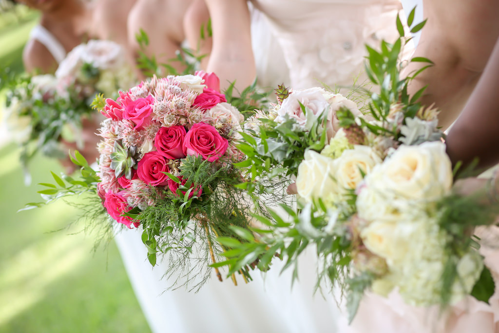 Pink, White, and Magenta Rose with Greenery and Succulents Tropical Wedding Boutquets