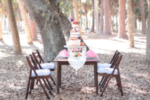 Outdoor Park Wedding Reception with Three Tier Round Naked Wedding Cake with Tropical Flowers, Table Decor with Lace Runner, Low Blush, Peach, Thistle and Succulent with Greenery Centerpiece, Vintage Wood Table and Folding Chairs with Floral Cushions, and Coral Napkins
