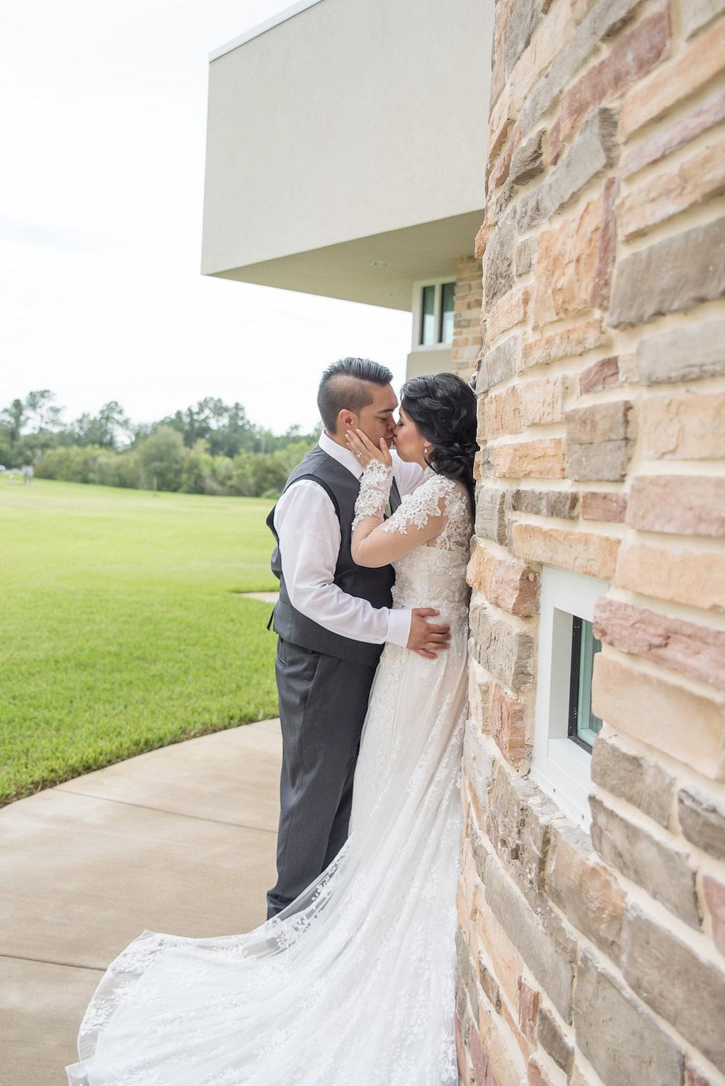 Outdoor Bride and Groom Wedding Portrait, Bride in Lace Long Sleeve Traditional Wedding Dress | Tampa Bay Photographer Kristen Marie Photography