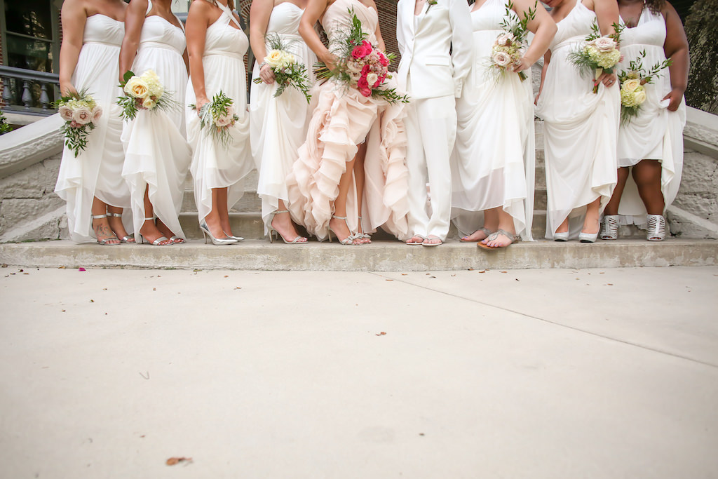 Bridal Party Wedding Shoes Portrait, Bride in Blush Layered Wedding Dress, Bridesmaids in White Mismatched David's Bridal Dresses and Made of Honor Suit | Tampa Wedding Photographer Lifelong Studios