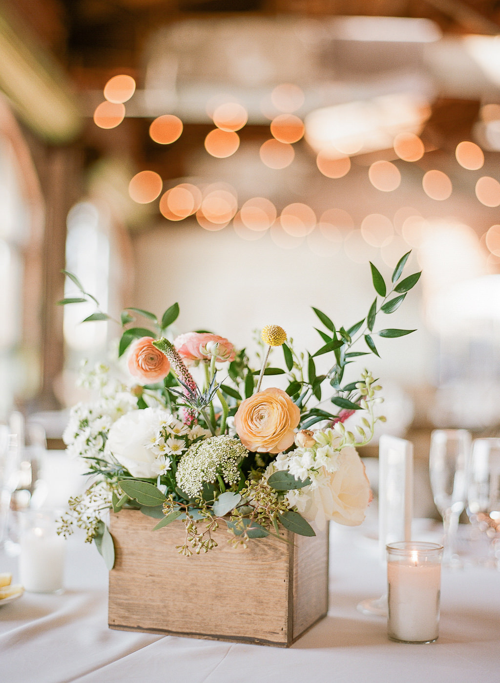Rustic Wedding Reception Table Decor with Peach and Coral Floral with Wild Greenery in Wooden Box Small Centerpiece