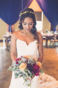 Interior Bridal Wedding Portrait with Small Floral Crown Headband Hair Accessory, Wearing Strapless Wedding Dress, with Peach, Magenta, and Greenery Bouquet | Tampa Wedding Hair and Makeup Michele Renee The Studio