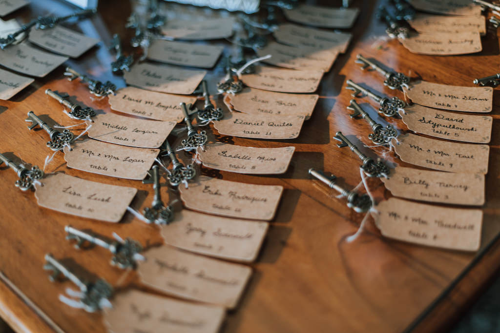 Vintage Antique Keys with Brown Paper Shipping Tag Wedding Escort Cards