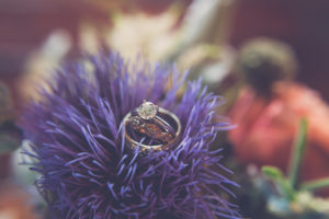 Engagement Ring and wedding Bands on Purple Thistle