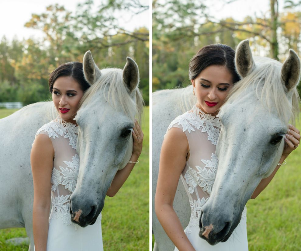 Outdoor Bridal Portrait in Floral Lace Cutout Wedding Dress with Horse | Tampa Bay Dress Boutique The Bride Tampa | Photography by Caroline & Evan Photography | Outdoor Rustic Wedding Venue Southern Plantation Oasis