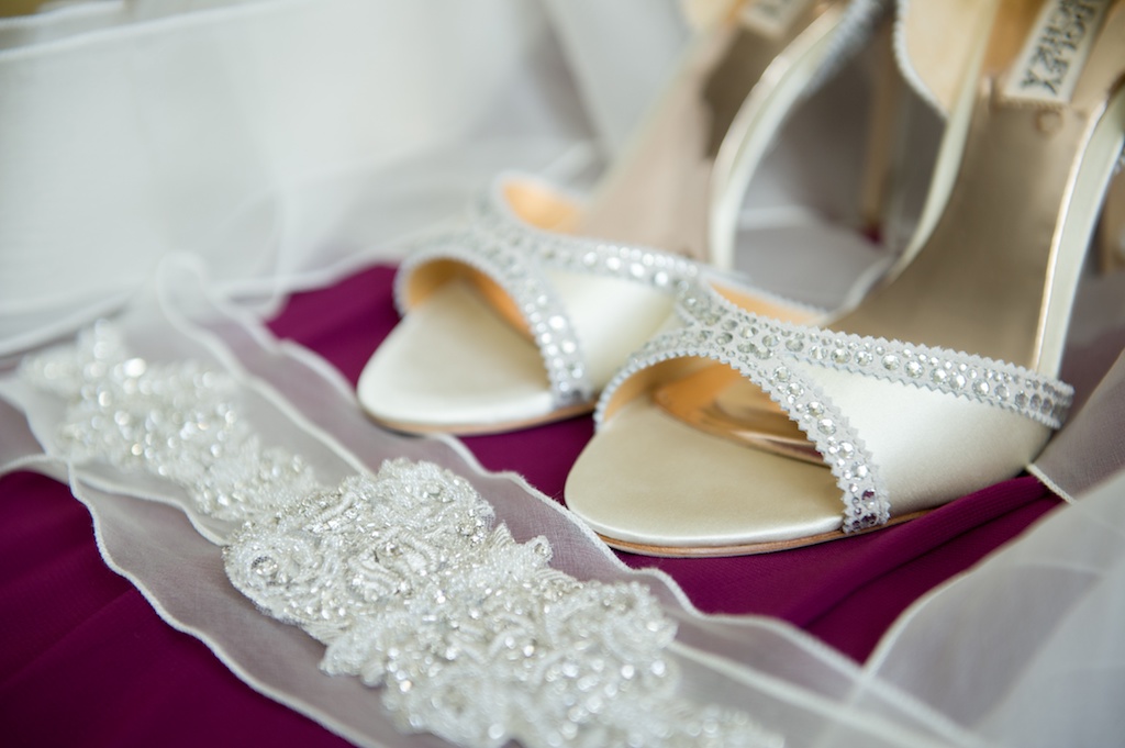 Badgley Mischka Open Toe Cream Bejeweled Wedding Shoes and Jeweled Bridal Garter