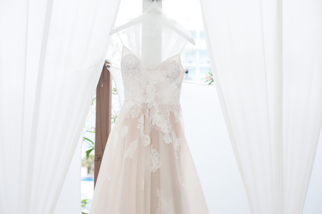 Blush Lace Monique Luhillier Ballgown Wedding Dress on Hanger