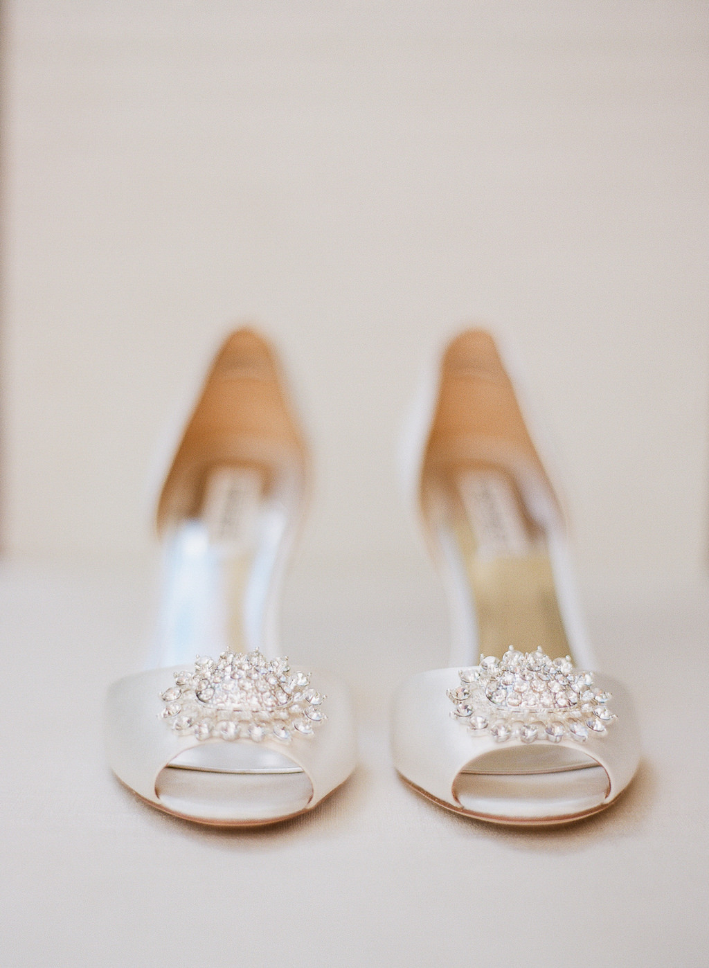 Peep Toe Ivory Satin with Jeweled Floral Accent Wedding Shoes
