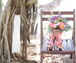 Summer Floral Bohemian Wedding Bridal Style with Column Silhouette Wedding Dress on Hanger, Pink Open Toe Sandal Wedding SHoes, and Peach Rose, Purple and Yellow Floral, Succulent and Greenery Wedding Bouquet