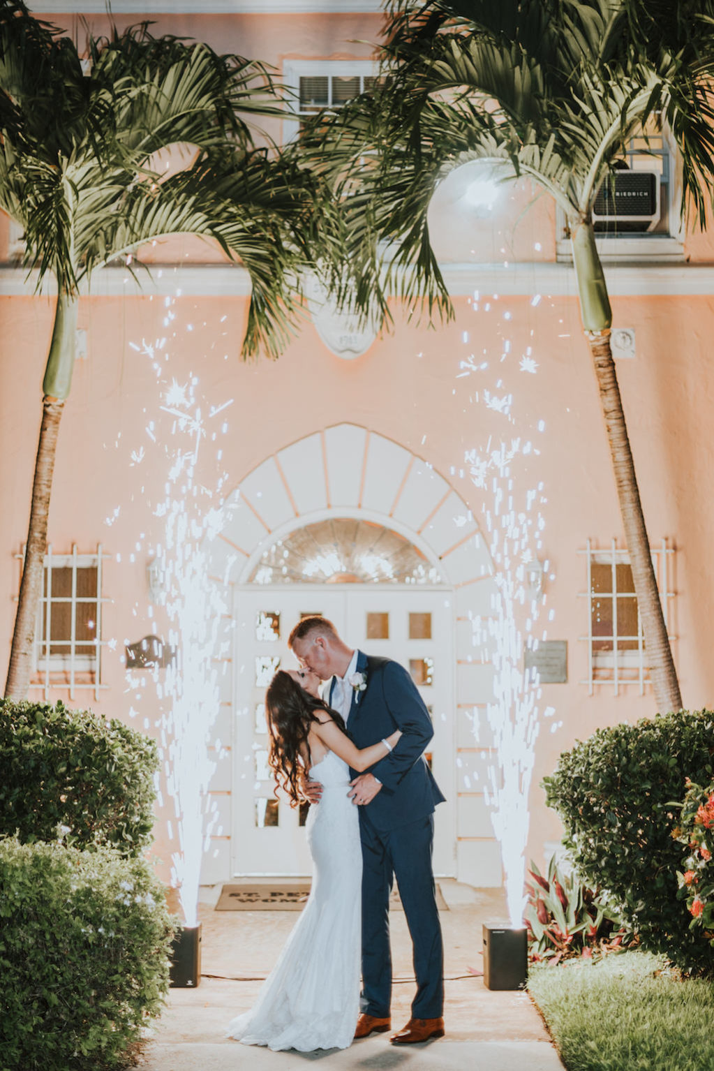 Nighttime Wedding Sparkler Fountain Exit Bride and Groom Portrait | Tampa Bay DJ and Lighting by Nature Coast Entertainment Services | St Pete Wedding Reception Venue St Petersburg Woman's Club