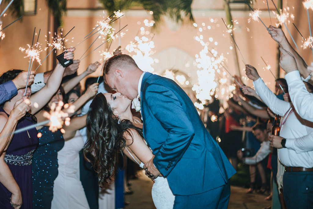 Nighttime Wedding Sparkler Fountain Exit Bride and Groom Portrait | Tampa Bay DJ and Lighting by Nature Coast Entertainment Services | St Pete Wedding Reception Venue St Petersburg Woman's Club