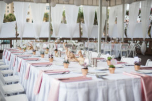 Boho Beach Wedding Hotel Reception with White Drapery, Blush Napkins, and Small Succulents in Gold Ceramic Pots with Printed Card Place Cards, Natural Driftwood Centerpiece, and White Folding Chairs | Tampa Bay Florida Beach Hotel Wedding Venue Hilton Clearwater Resort & Spa