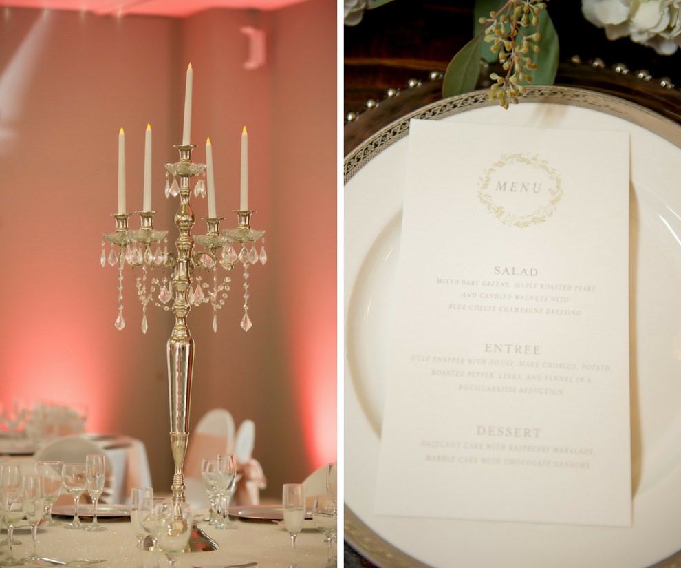 Elegant Southern Wedding Reception Table Decor with Antique Silver Candelabra and Green Wreath Floral and White Wedding Menu | Tampa Wedding Paper Goods A and P Designs | Tampa Wedding Planner Love Lee Lane