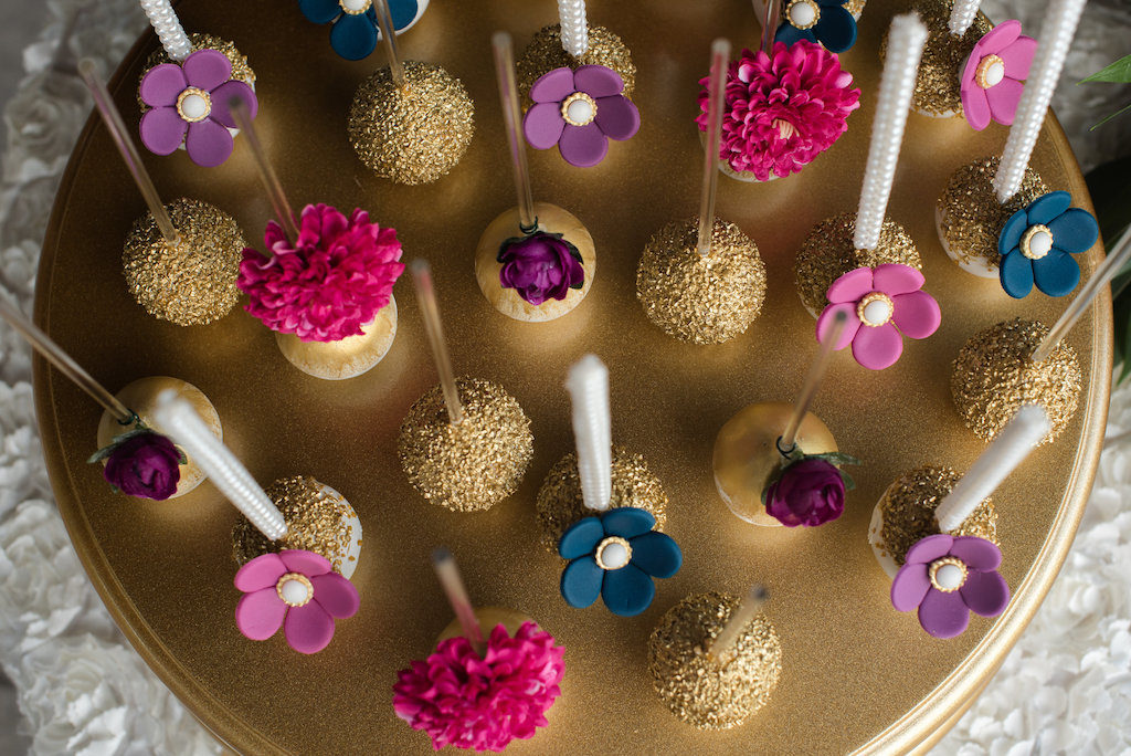 Gold, Purple, Pink, Navy Flower Cake Pops on Gold Cake Stand | Tampa Bay Wedding Desserts Sweetly Dipped Confections