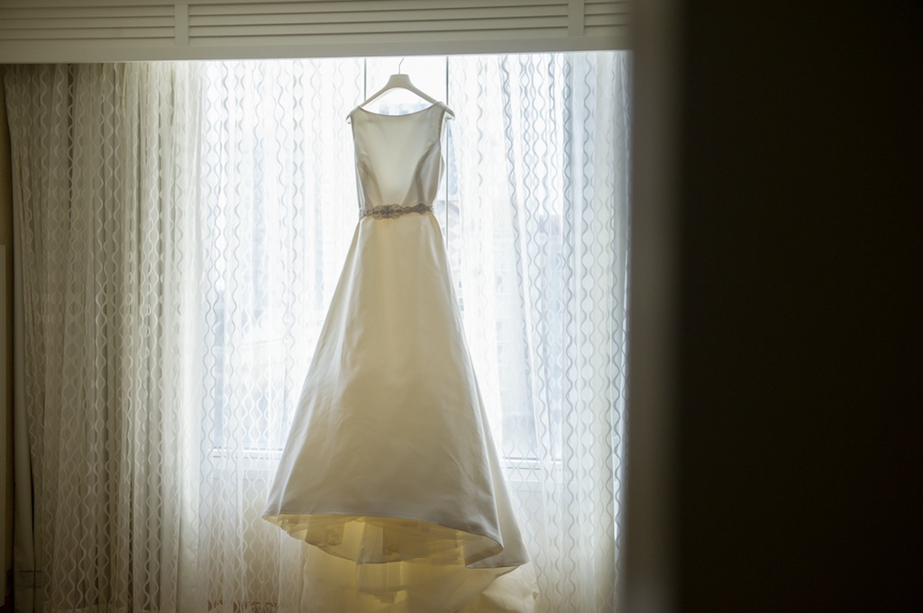A Line Pronovias Wedding Dress with Belt On Hanger | Tampa Wedding Bridal Salon Isabel O'Neal Bridal