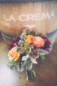 Bridal Bouquet with Gold, Peach, Bordeaux roses and Greenery | Fall Inspired Wedding Flowers