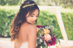 Outdoor Garden Bridal Portrait with Natural Greenery Hair Band Accessory and Peach and gold Rose, Succulent, and Magenta Flower with Greenery Wedding Bouquet | Tampa Wedding Hair and Makeup by Michele Renee The Studio