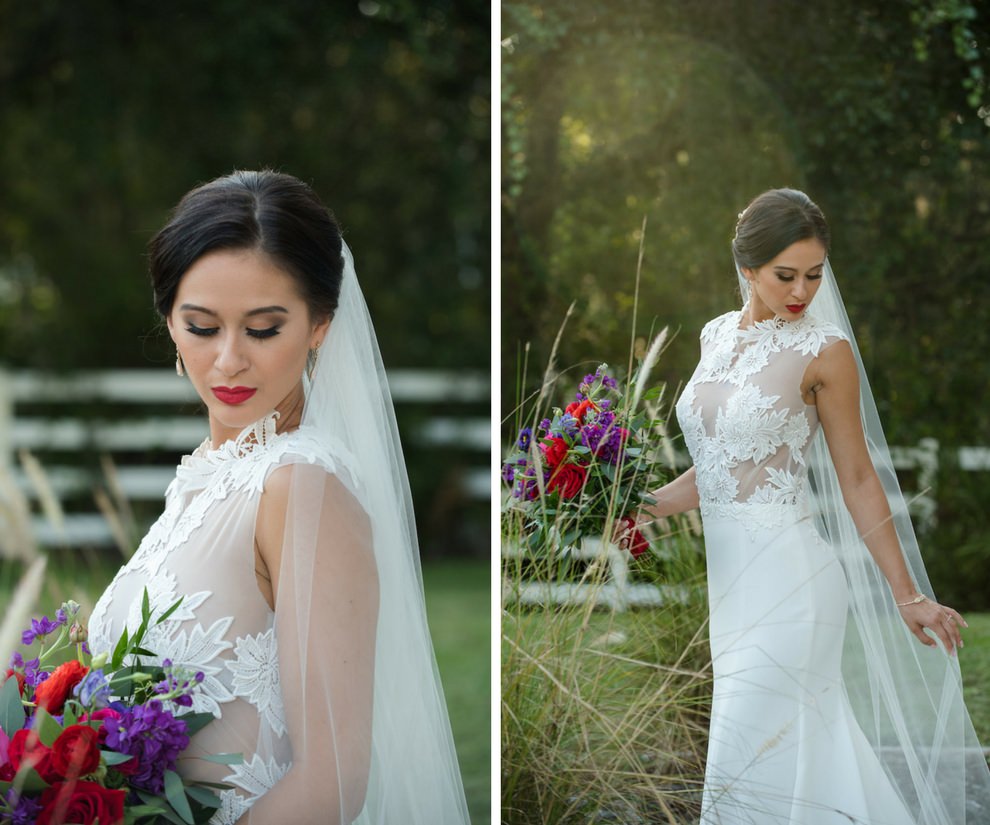 Outdoor Wedding Portrait with Red, Purple, and Greenery Bouquet from Tampa Florist Northside Florist, in Daalarna Couture Illusion Lace Wedding Dress from The Bride Tampa | Hair and Makeup by Michele Renee The Studio | Caroline & Evan Photography