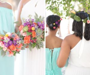 Outdoor Garden Wedding Bridal Party Portrait with Off The Shoulder Aqua Bridesmaid Dress, Peach Rose, Purple and Yellow Floral, Succulent and Greenery Wedding Bouquets, and Bright Purple and Blush Floral Hair Accessories
