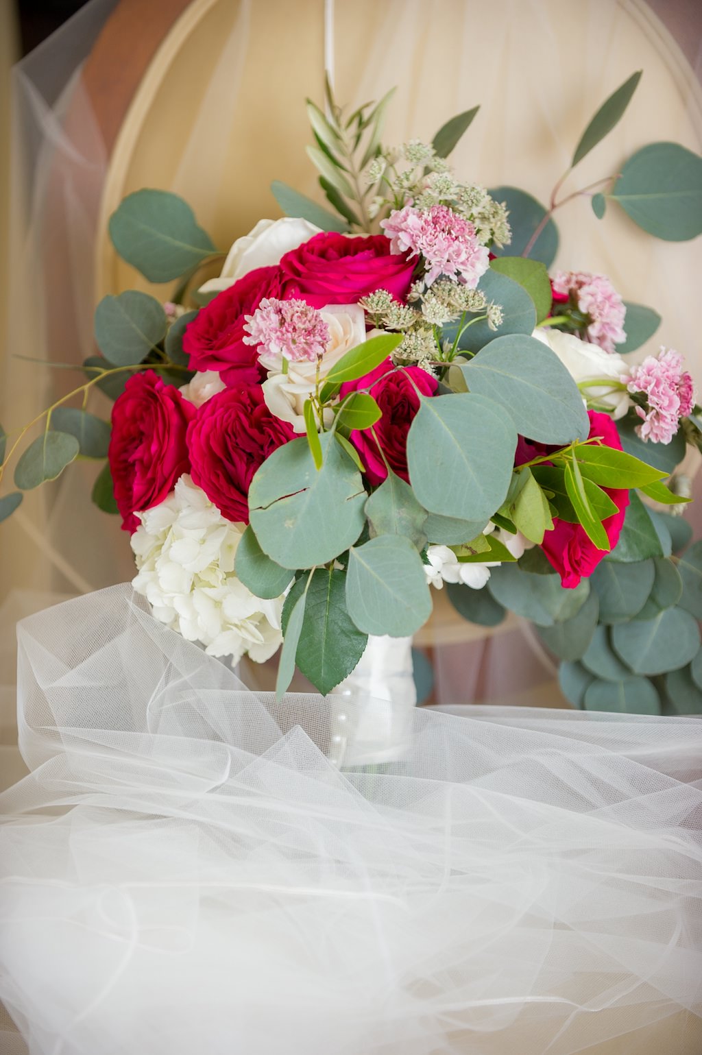 Red and White Rose with Pink Flower and Greenery Bridal Bouquet