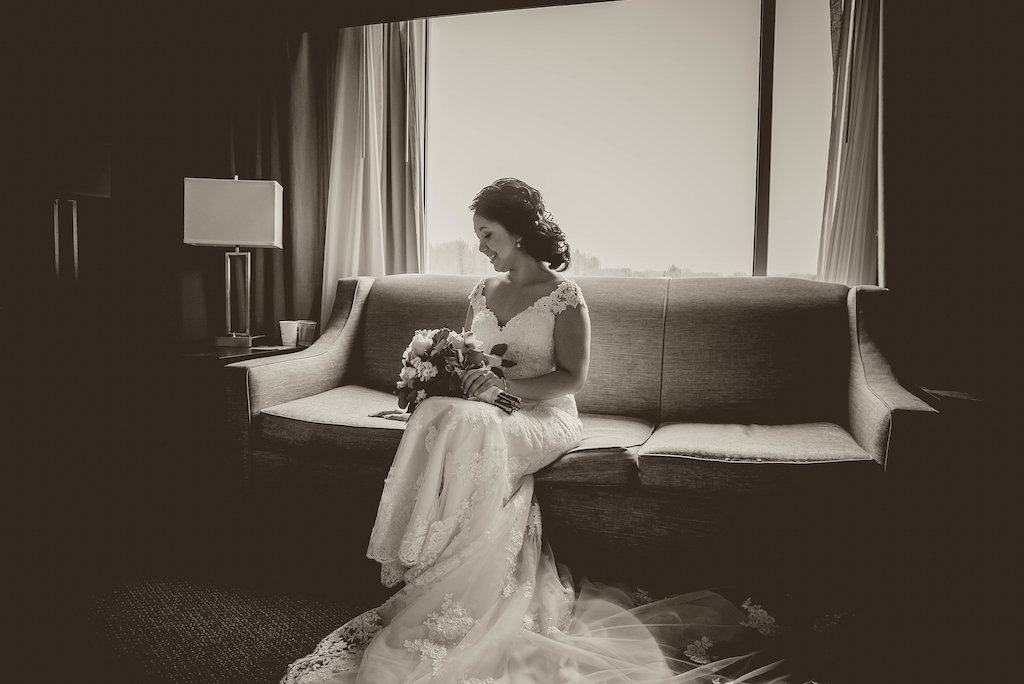 Indoor Bridal Portrait wearing Lace Cap Sleeve V Neck Stella York Wedding Dress | Tampa Bay Wedding Photographer Kristen Marie Photography