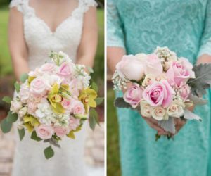 Pink Rose, White Babys Breath and Yellow Greenery Bridal Bouquet with Blush Rose and Greenery Bridesmaid Bouquet | Tampa Bay Wedding