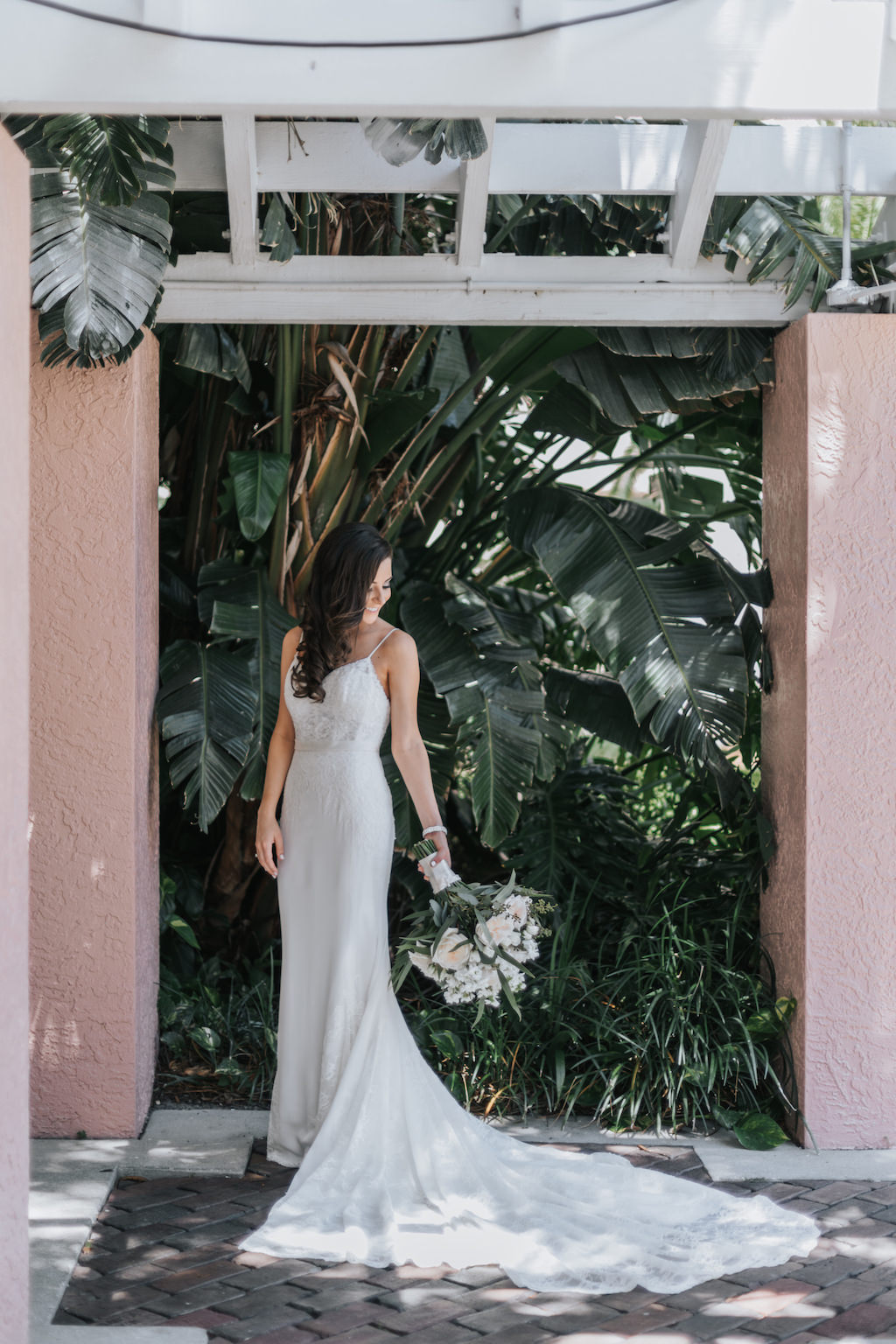 Bridal Portrait in Spaghetti Strap A Line Wtoo by Watters Wedding Dress with Blush, White, and Greenery Bouquet