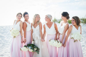 Boho Wedding Outdoor Beach Bridal Party Portrait with Two Piece White V Neck and Long Pink Skirt Bridesmaids Dresses and Blush Monique Lhuillier Spaghetti Strap Wedding Dress | Clearwater Beach Wedding