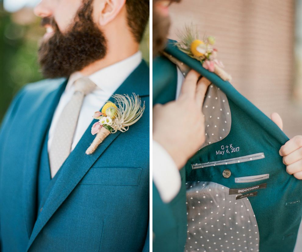 Teal and Pink Green Groom Suit with Gray Polka Dot Lining, Gray Tie, and Tropical Yellow and Pink Boutonniere with Monogramed Wedding Date