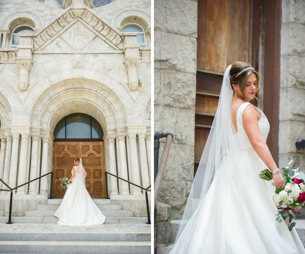 Outdoor Bridal Portrait on Church Steps Wearing A Line Cathedral Train Pronovias Wedding Dress with Beaded Headband, White and Red with Greenery Bouquet | Tampa Bay Wedding Photographer Andi Diamond Photography | Downtown Tampa Wedding Ceremony Venue Sacred Heart Catholic Church | Tampa Dress Shop Isabel O'Neale Bridal