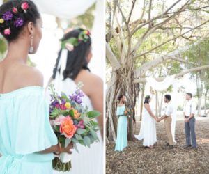Outdoor Wedding Ceremony Portrait with Off The Shoulder Aqua Bridesmaid Dress, Peach Rose, Purple and Yellow Floral, Succulent and Greenery Wedding Bouquets, and Bright Purple and Blush Floral Hair Crown Accessories, White Draping in Banyan Tree | St Pete Outdoor Wedding Venue Lake Maggiore Park | Florist Cotton & Magnolia