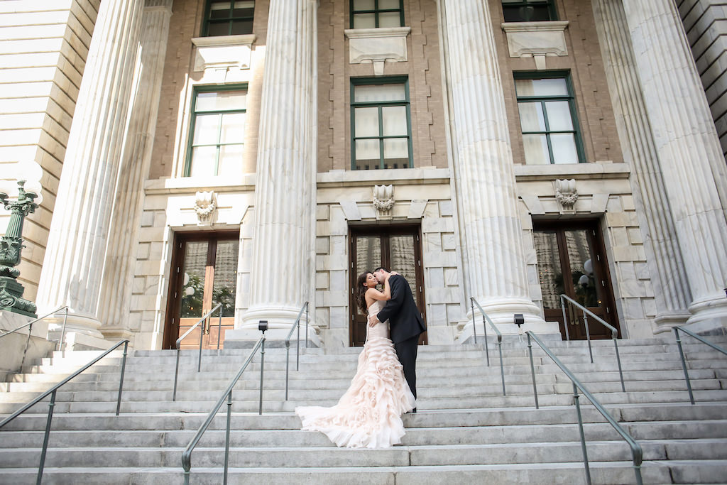 Outdoor First Look Portrait, Bride in Blush Layered Mermaid Sottero and Midgley Wedding Dress | Tampa Wedding Photographer Lifelong Studios | Downtown Tampa Wedding Hotel Venue Le Meridien | Planner Special Moments Event Planning