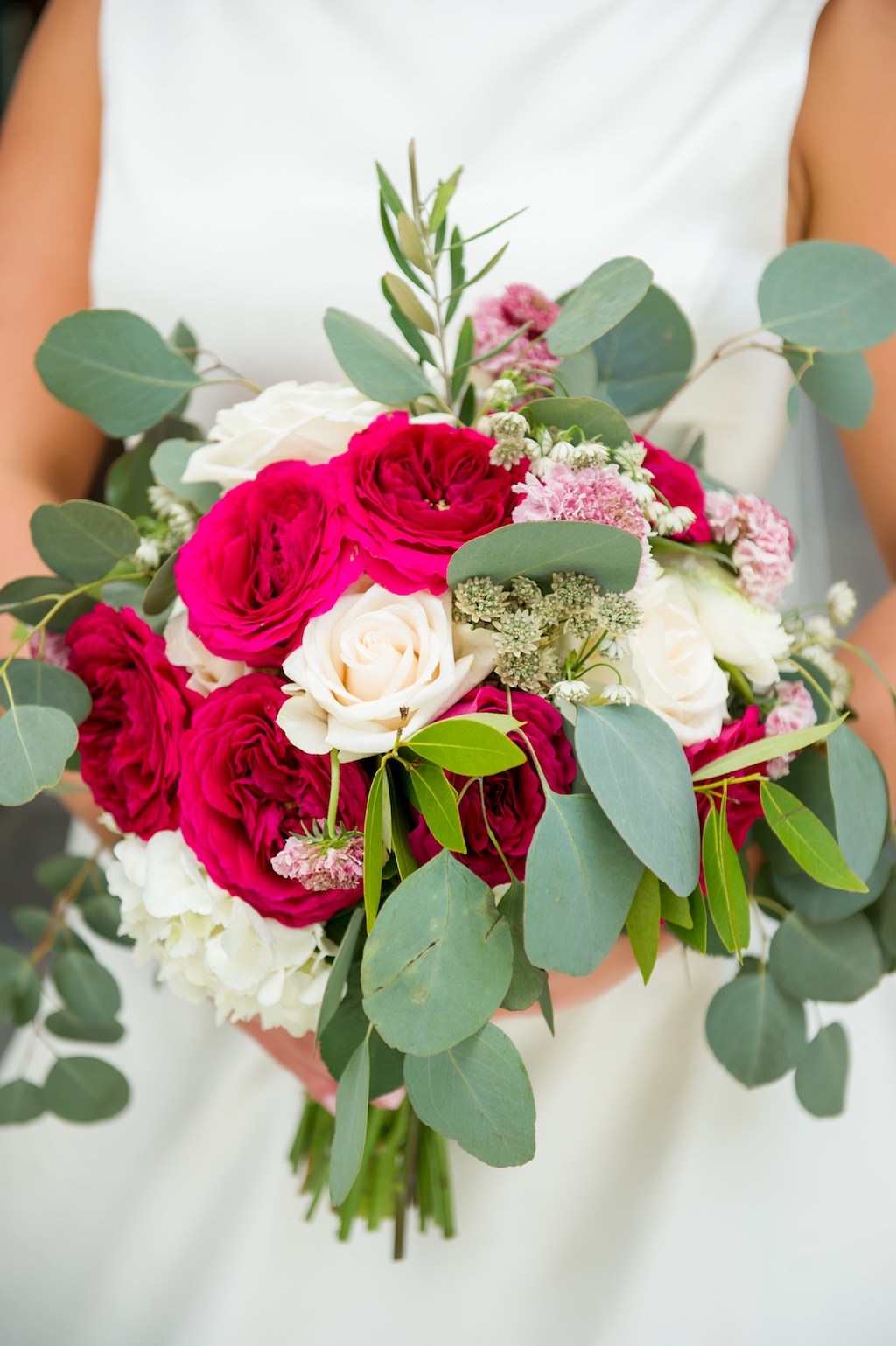 Bridal Bouquet with Magenta and White Roses, Pink Flowers and Greenery