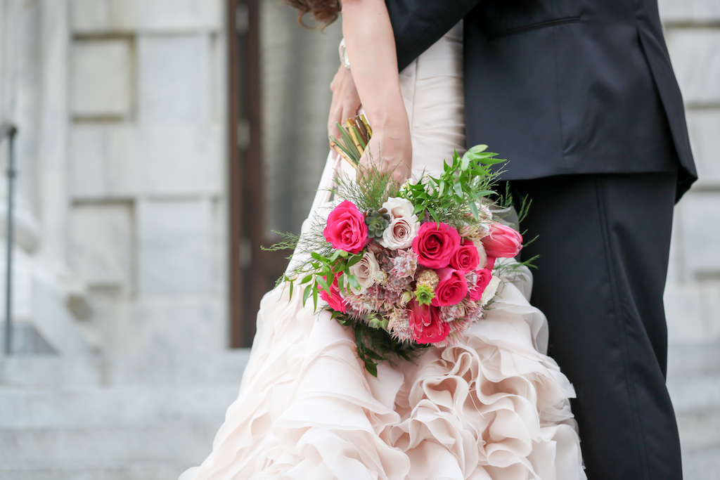 Bride and Groom Portrait with Blush Layered Wedding Dress and Pink, Blush, and Greenery Wedding Bouquet | Tampa Bay Wedding Photography Lifelong Studios