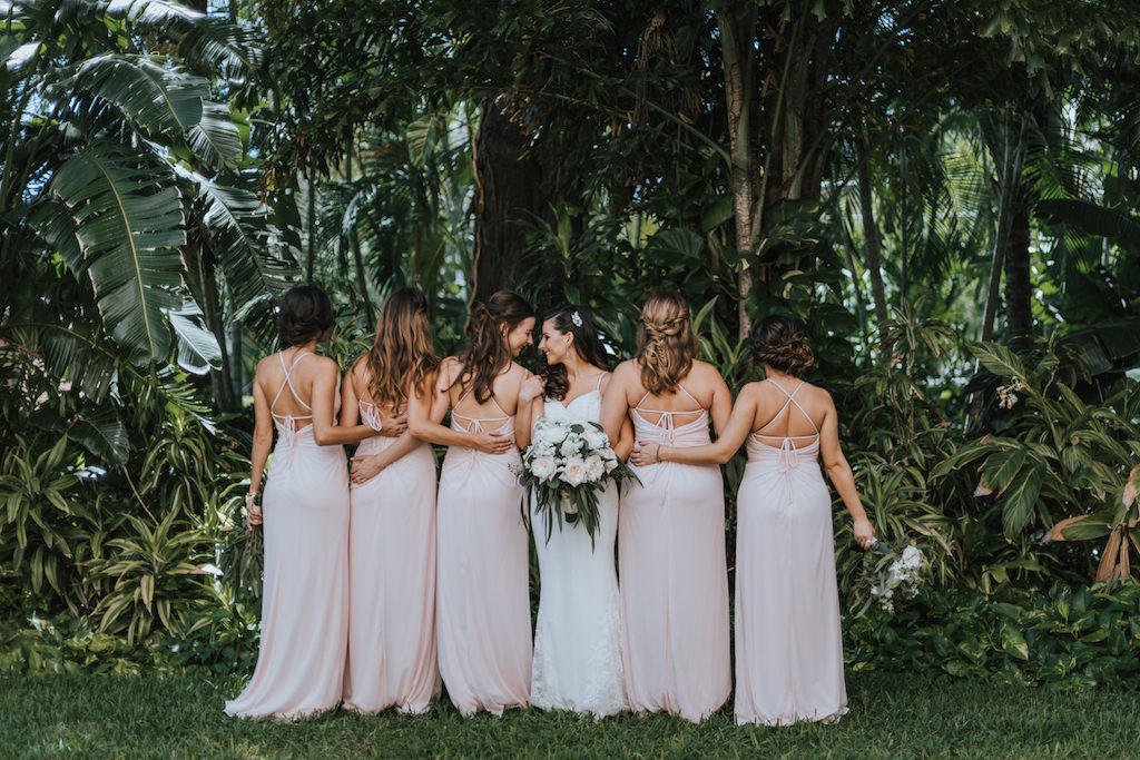 Bridal Party Outdoor Tropical Garden Portrait with Blush Pink Floor Length X Back Strappy David's Bridal Bridesmaid Dresses