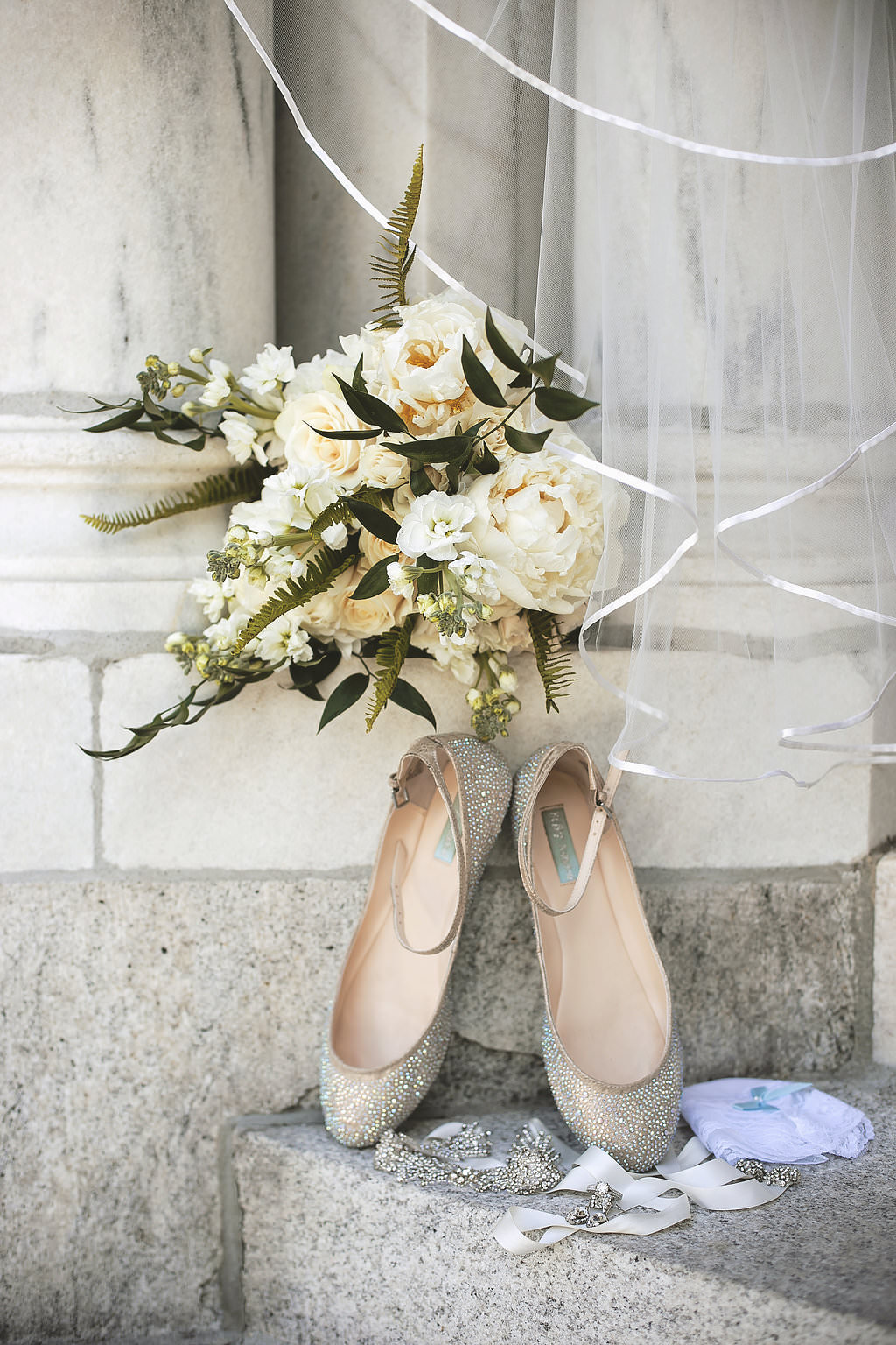 Sparkly Ballet Flat Wedding Shoes with Cream Rose and Natural Greenery Bridal Bouquet