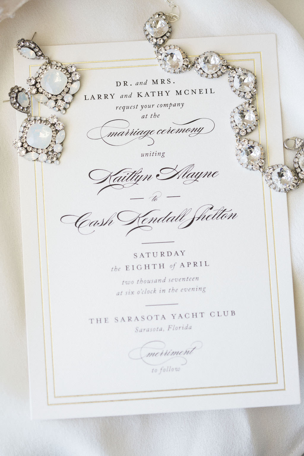 Elegant Black, White with Gold Foil Wedding Invitation with Vintage Inspired Bridal Jewelry Accessories