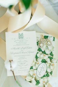 Green and White Magnolia Old Florida Style Wedding Invitation Suite and Bridal Jewelry | Invitation Design by Glitz Events