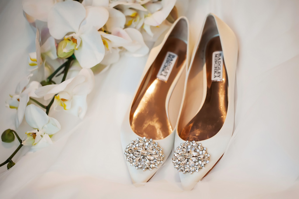 Badgley Mischka White Flat Pointed Toe Rhinestone Wedding Shoes