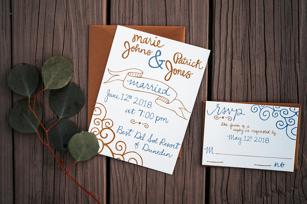 Gold and Blue Hand-drawn Wedding Invitation Suite