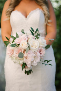 Bridal Portrait with Blush and White Rose and Peony Bouquet with Greenery