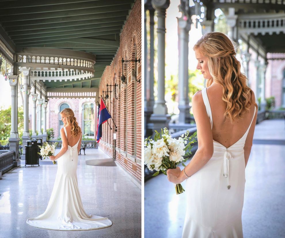 Outdoor Bridal Portrait wearing Drop Back A Line Wedding Dress, with White and Cream Floral and Natural Greenery Bouquet | Tampa Bay Bridal Hair and Makeup Femme Akoi Studio