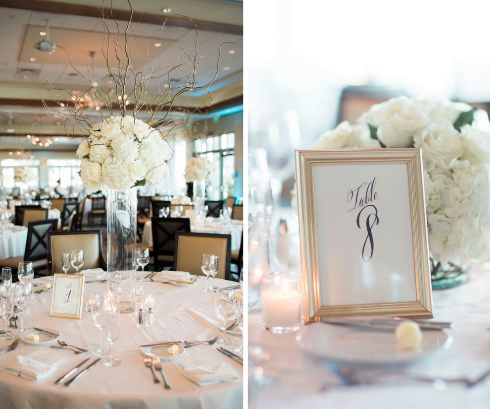 Elegant Ivory and Champagne Wedding Reception With Extra Tall White Hydrangea and Natural Branch Centerpiece in Wide Glass Vase with Gold Framed Table Number | Sarasota Wedding Venue Sarasota Yacht Club | Tampa Bay Wedding Planner NK Productions