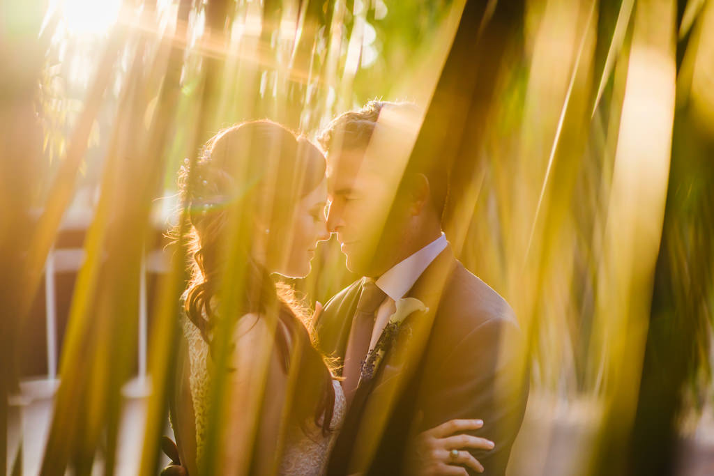 Outdoor Bamboo Garden Bride and Groom Wedding Portrait, Groom with Dusty Purple Tie and White Calla Lily Boutonniere