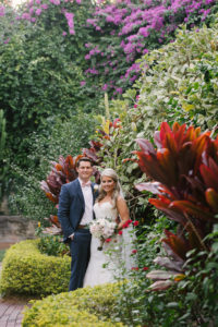 Outdoor Tropical Garden Wedding Portrait, Groom in Navy Blue Suit with Blush Bowtie | St Petersburg Wedding Ceremony Venue Sunken Gardens