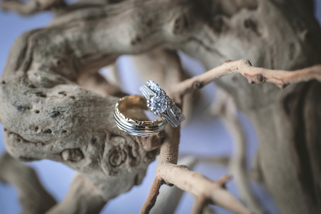Unique Wedding Bands and Engagement Ring on Natural Driftwood