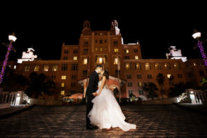Outdoor Nighttime Wedding Portrait, Bride in Layered Ballgown Wedding Dress | St Pete Historic Hotel Wedding Venue The Don Cesar