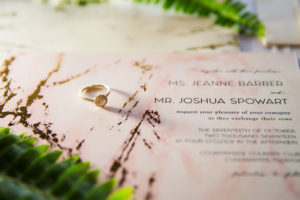 Brown and White Natural Marble Inspired Wedding Invitation Suite and Paper Goods from Tampa Bay Wedding Stationary Designer URBANcoast with Engagement Ring